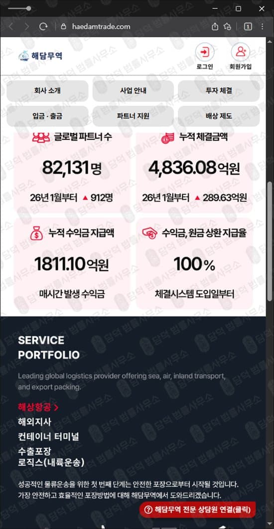 이 사진은 담덕법률사무소에서 캡쳐해둔 해담무역(URL) 웹사이트 캡쳐 사진이며 URL은 haedamtrade.com 입니다.