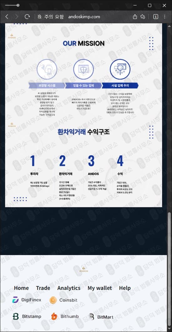 이 사진은 담덕법률사무소에서 캡쳐해둔 배당(ANDOS) 웹사이트 캡쳐 사진이며 URL은 andoskimp.com 입니다.
