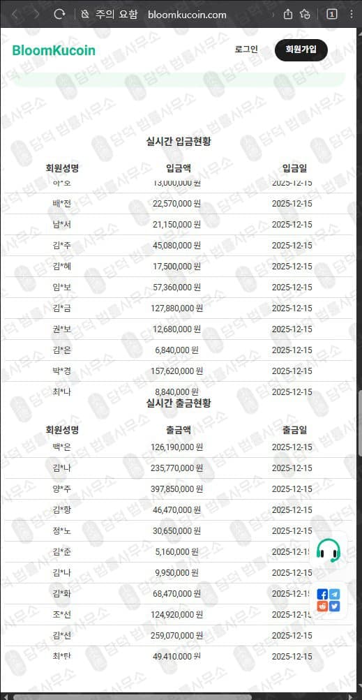 이 사진은 담덕법률사무소에서 캡쳐해둔 블룸쿠코인(BloomKucoin) 웹사이트 캡쳐 사진이며 URL은 bloomkucoin.com 입니다.
