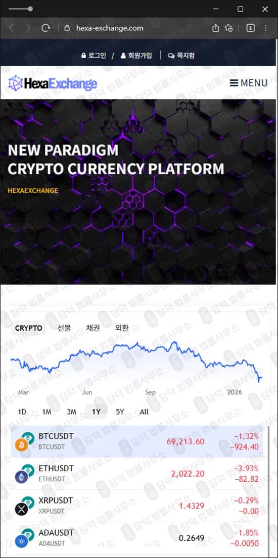 이 사진은 담덕법률사무소에서 캡쳐해둔 헥사(Hexa Exchange) 웹사이트 캡쳐 사진이며 URL은 hexa-exchange.com 입니다.