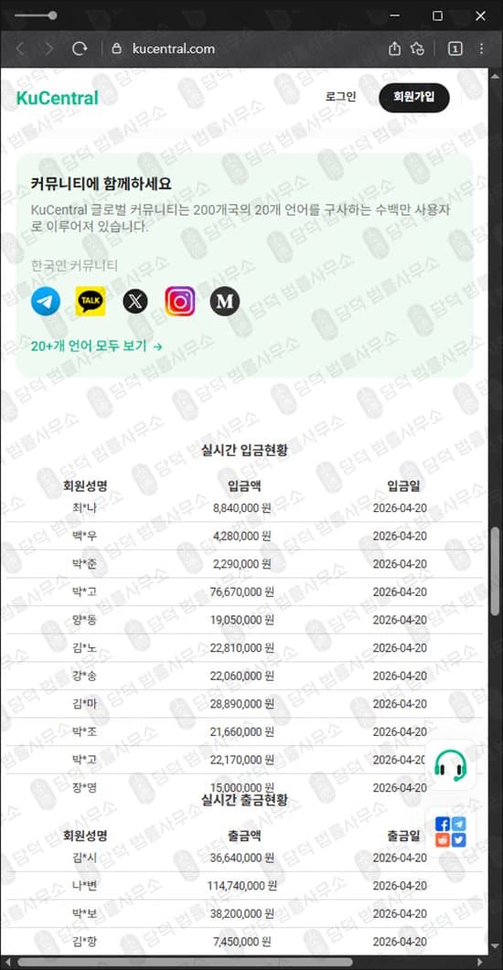 이 사진은 담덕법률사무소에서 캡쳐해둔 쿠센트럴(KuCentral) 웹사이트 캡쳐 사진이며 URL은 kucentral.com 입니다.