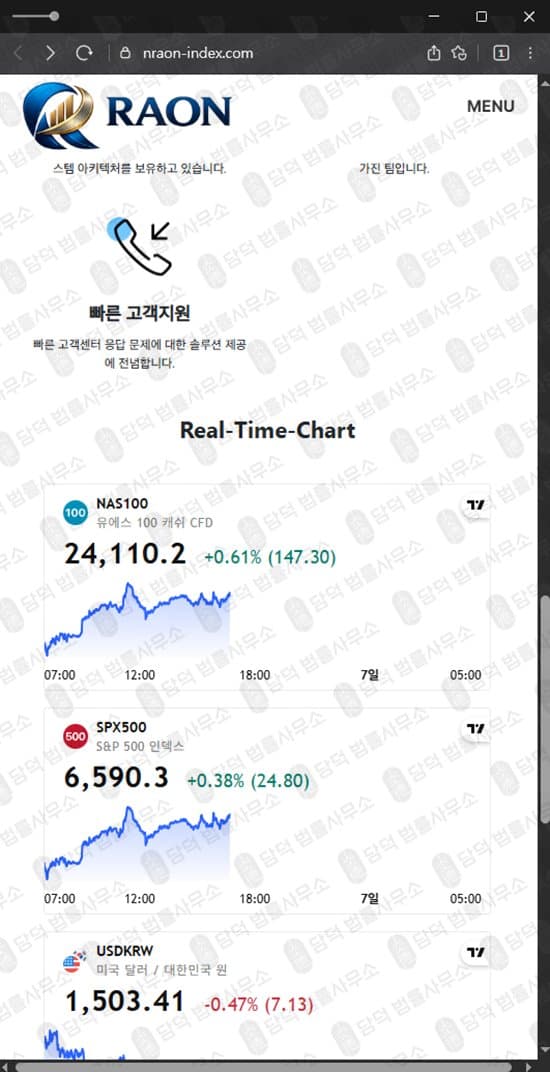 이 사진은 담덕법률사무소에서 캡쳐해둔 라온(New Raon) 웹사이트 캡쳐 사진이며 URL은 nraon-index.com 입니다.
