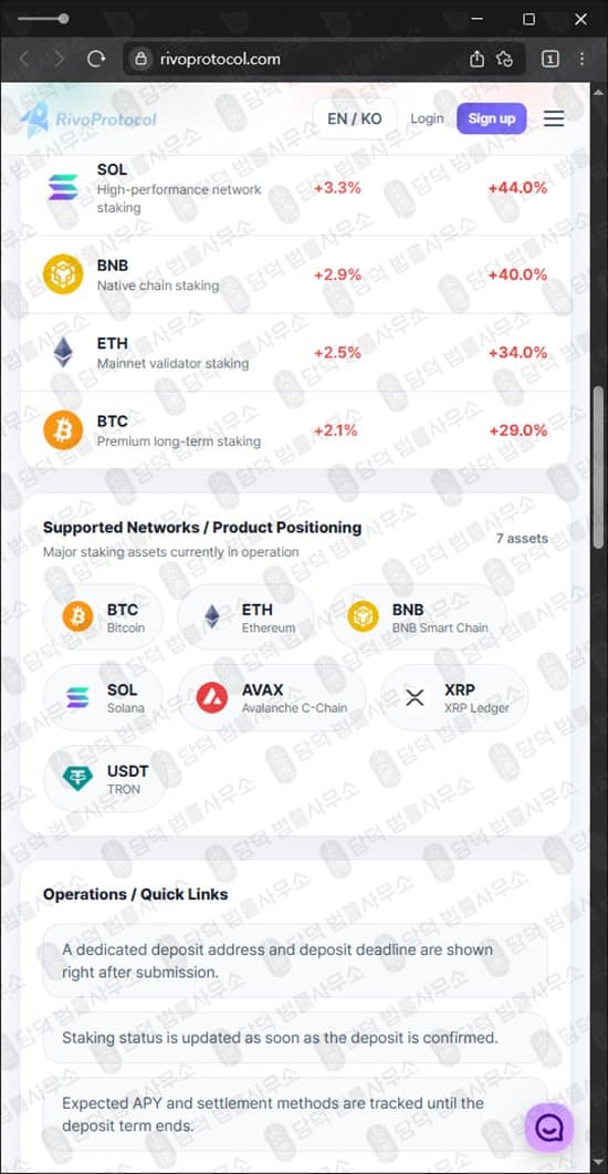 이 사진은 담덕법률사무소에서 캡쳐해둔 리보프로토콜(Rivo Protocol) 웹사이트 캡쳐 사진이며 URL은 rivoprotocol.com 입니다.